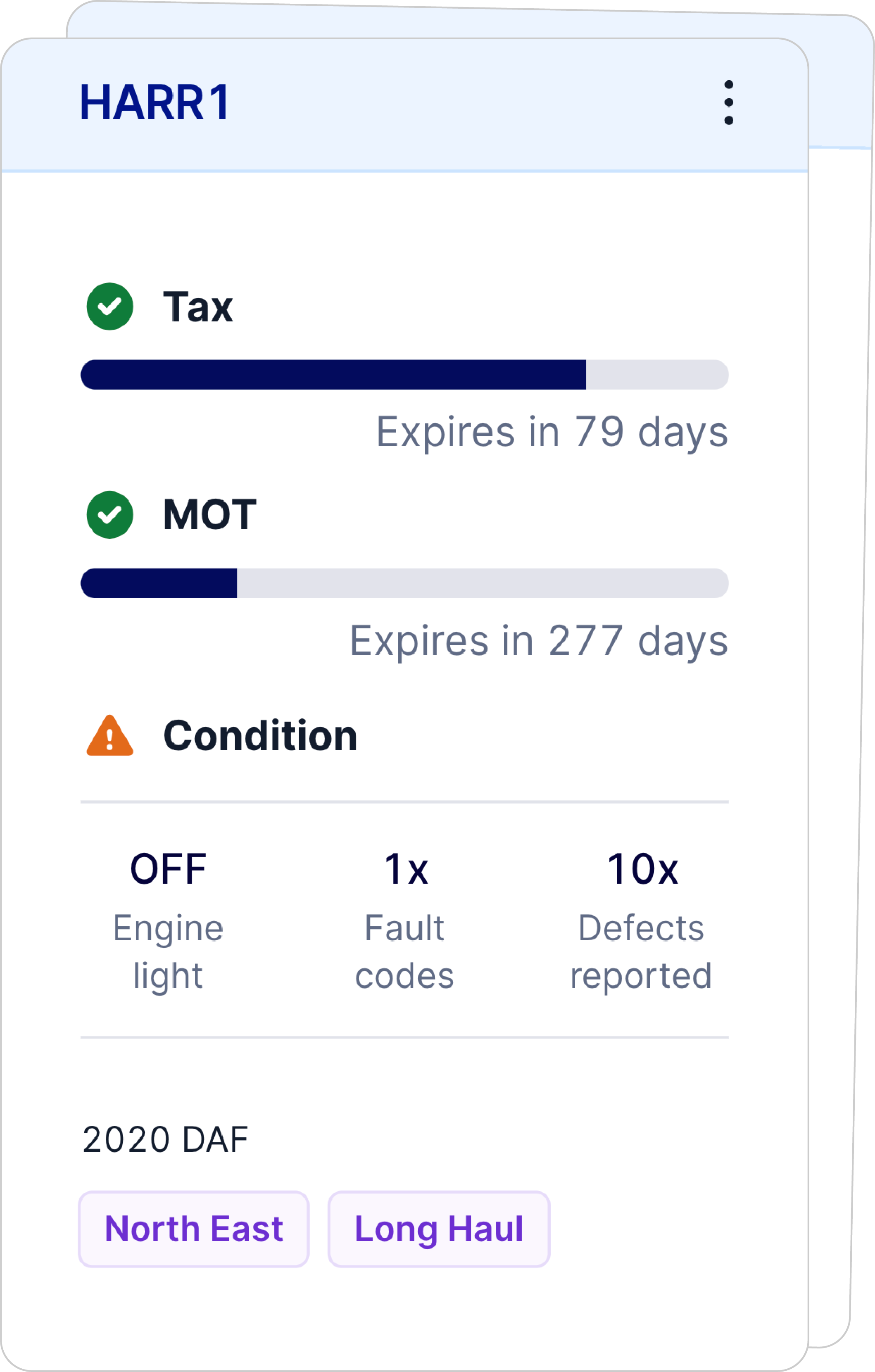 card showing vehicle mot and tax status